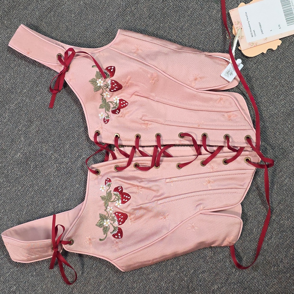 Pink Corset Top with Strawberry Embroidery